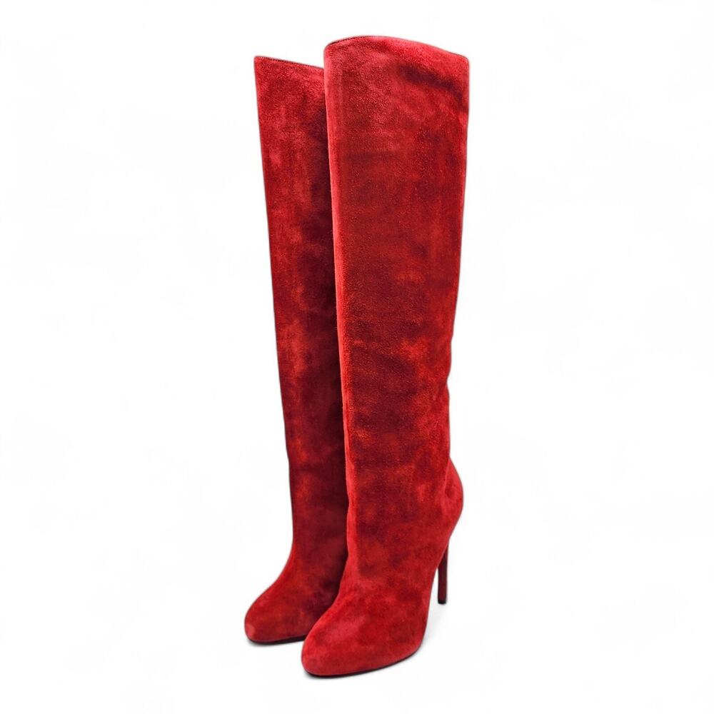 Christian Louboutin Vitish 100 Suede Knee-High Boots Red EU 37.5 US 7 $1795 NWB - Picture 2 of 7